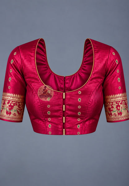 Matching blouse piece included with Swarnachari pure silk memory golden zari saree, pre-woven in the same Swarnachari silk by West Bengal handloom artisan weavers in Bishnupur Bengal