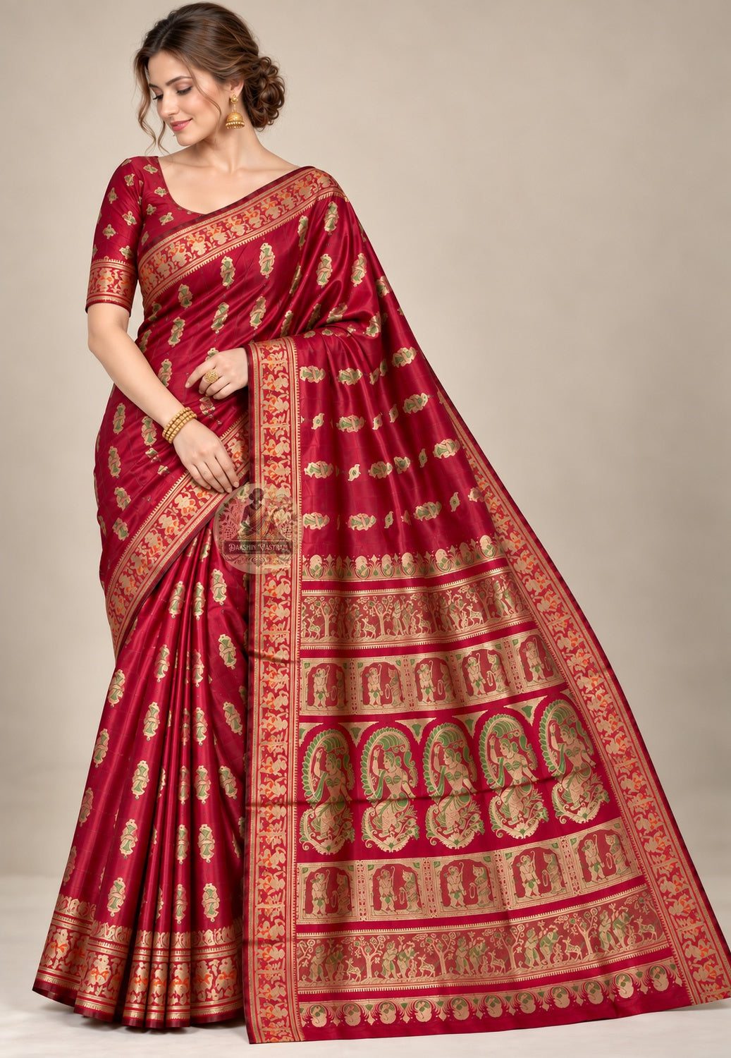 Front view of red Swarnachari silk saree with gold-toned motifs and broad patterned borders