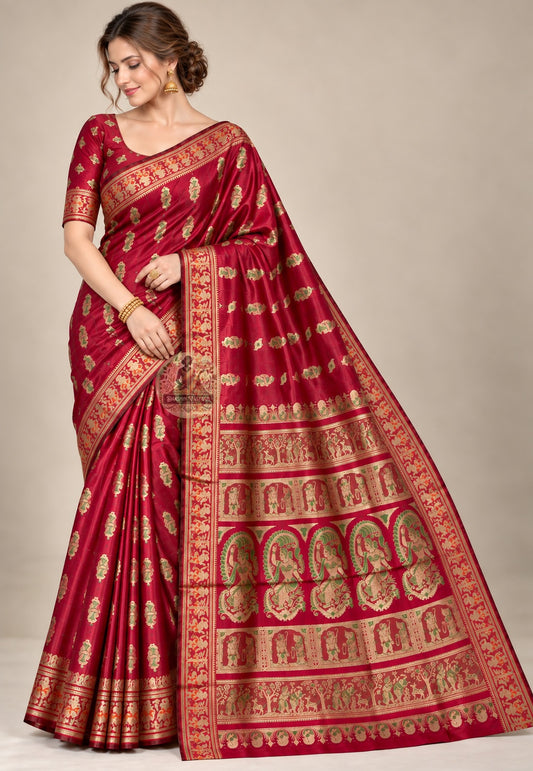Front view of red Swarnachari silk saree with gold-toned motifs and broad patterned borders