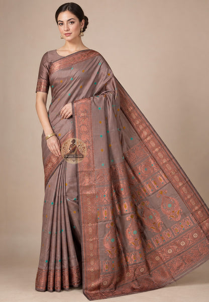 Front view of heirloom-grade Swarnachari handloom silk saree with master-woven golden zari border and unified mythological composition, West Bengal