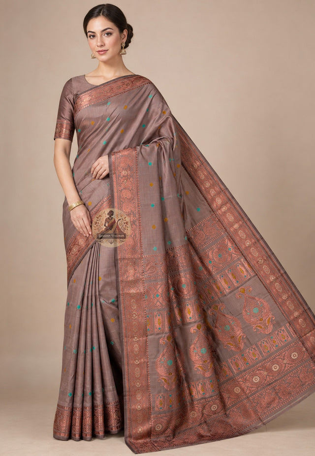 Front view of heirloom-grade Swarnachari handloom silk saree with master-woven golden zari border and unified mythological composition, West Bengal