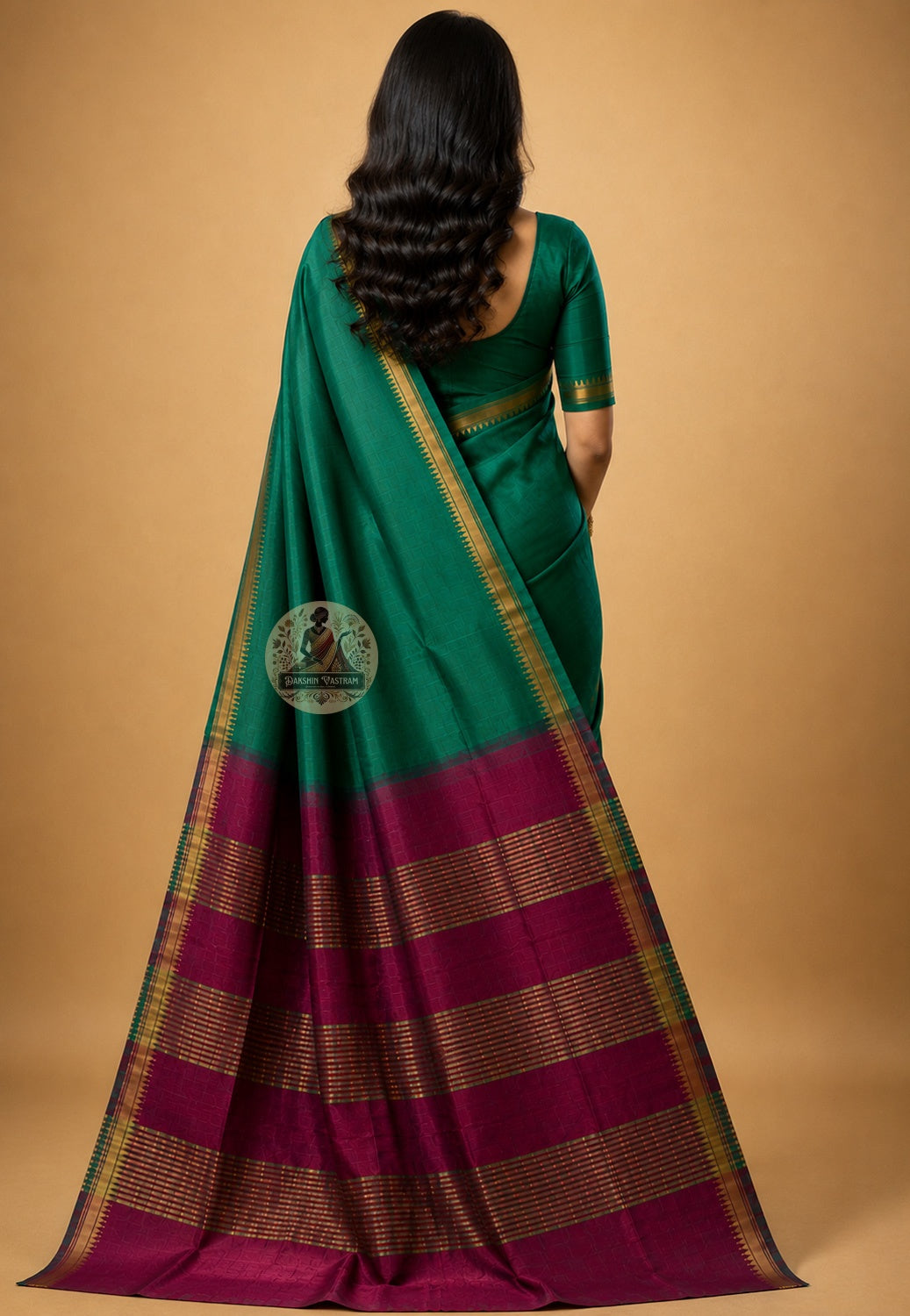 Side view of Bishnupur Pure Katan Silk Saree showing composed puja drape and tulsi leaf handloom border