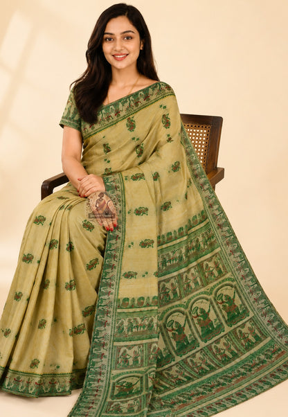Front view of Beige Baluchari Silk Saree handwoven in Bishnupur Bengal, showcasing understated elegance with mythological motifs on the pallu and pure silk drape