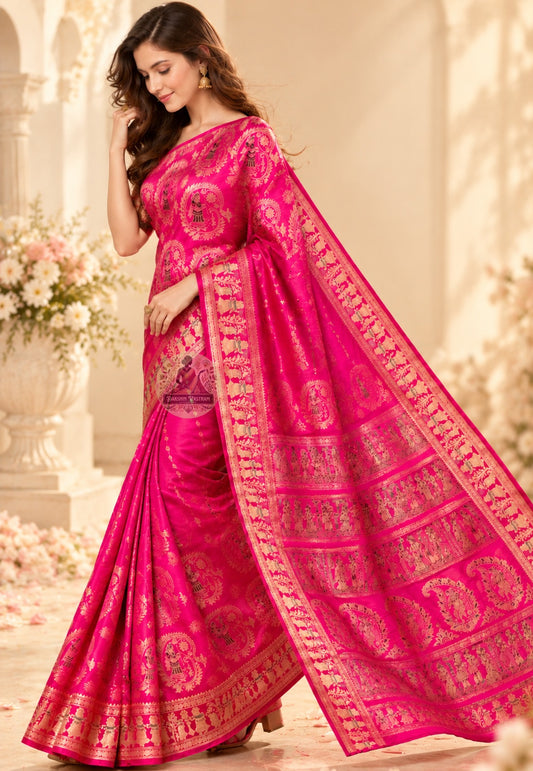 Front view of pink Swarnachari pure silk saree with golden zari mythology and Bishnupur temple art motifs handloom woven in West Bengal warm and luminous for Navratri Karva Chauth and Indian weddings
