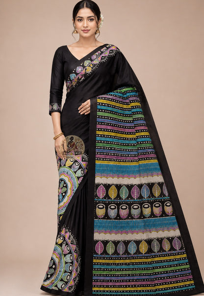 Front view of Bishnupur Katan silk saree in ceremonial drape, handwoven Bengal, worn for sacred wedding occasion