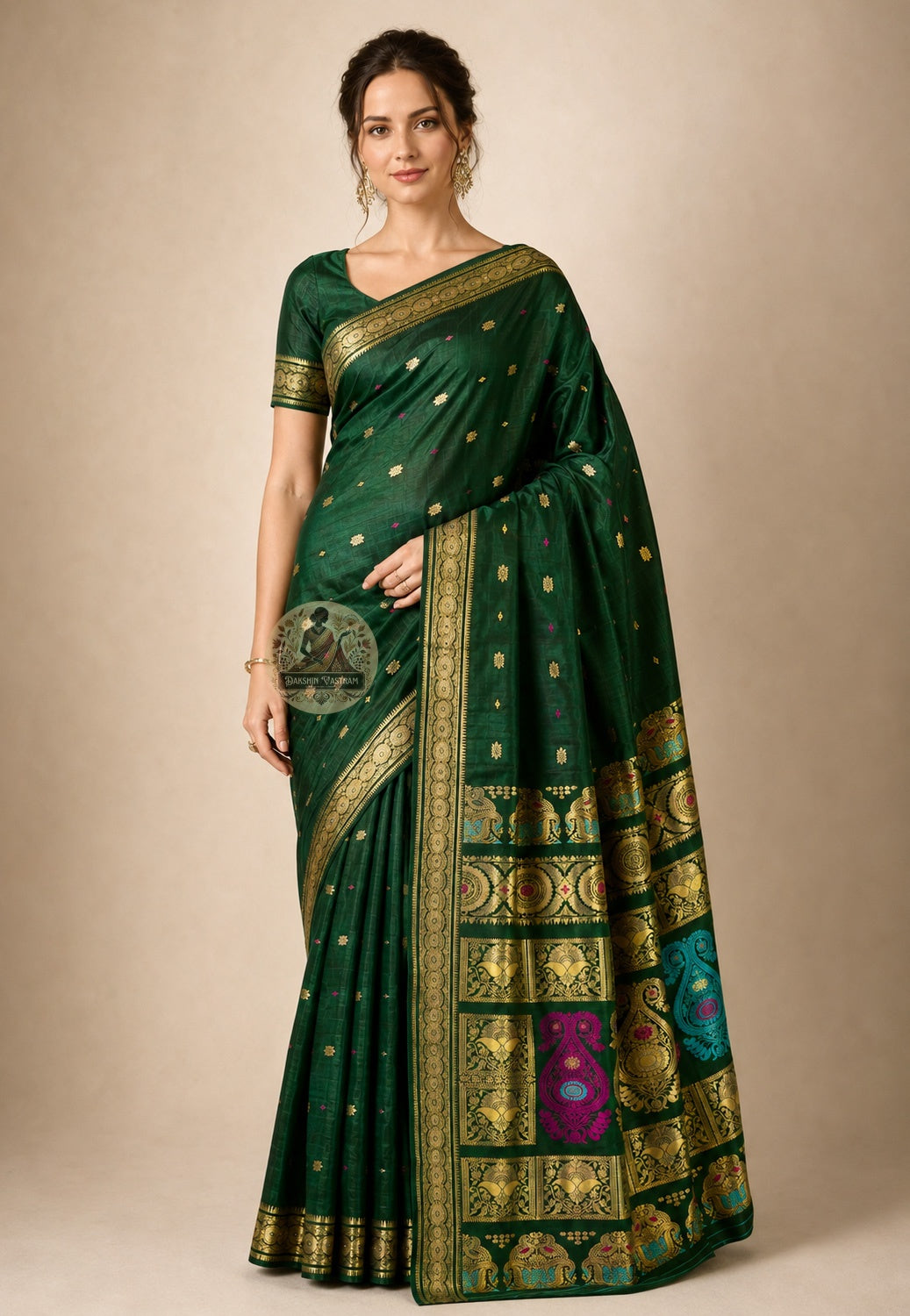 Front view of Swarnachari handloom silk saree with golden zari border bearing witness to Bengal's mythological and temple-art tradition across generations, West Bengal pit-loom