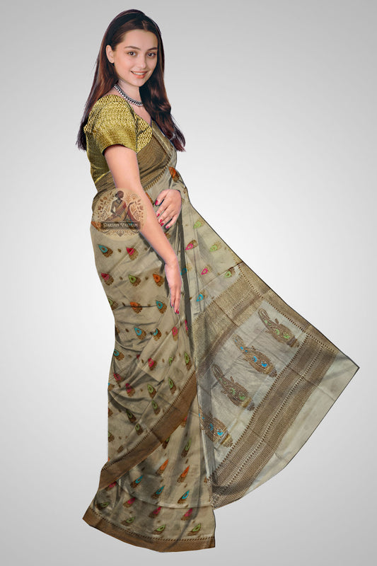 Explore Assam Muga Saree – Side angle showcasing handwoven texture