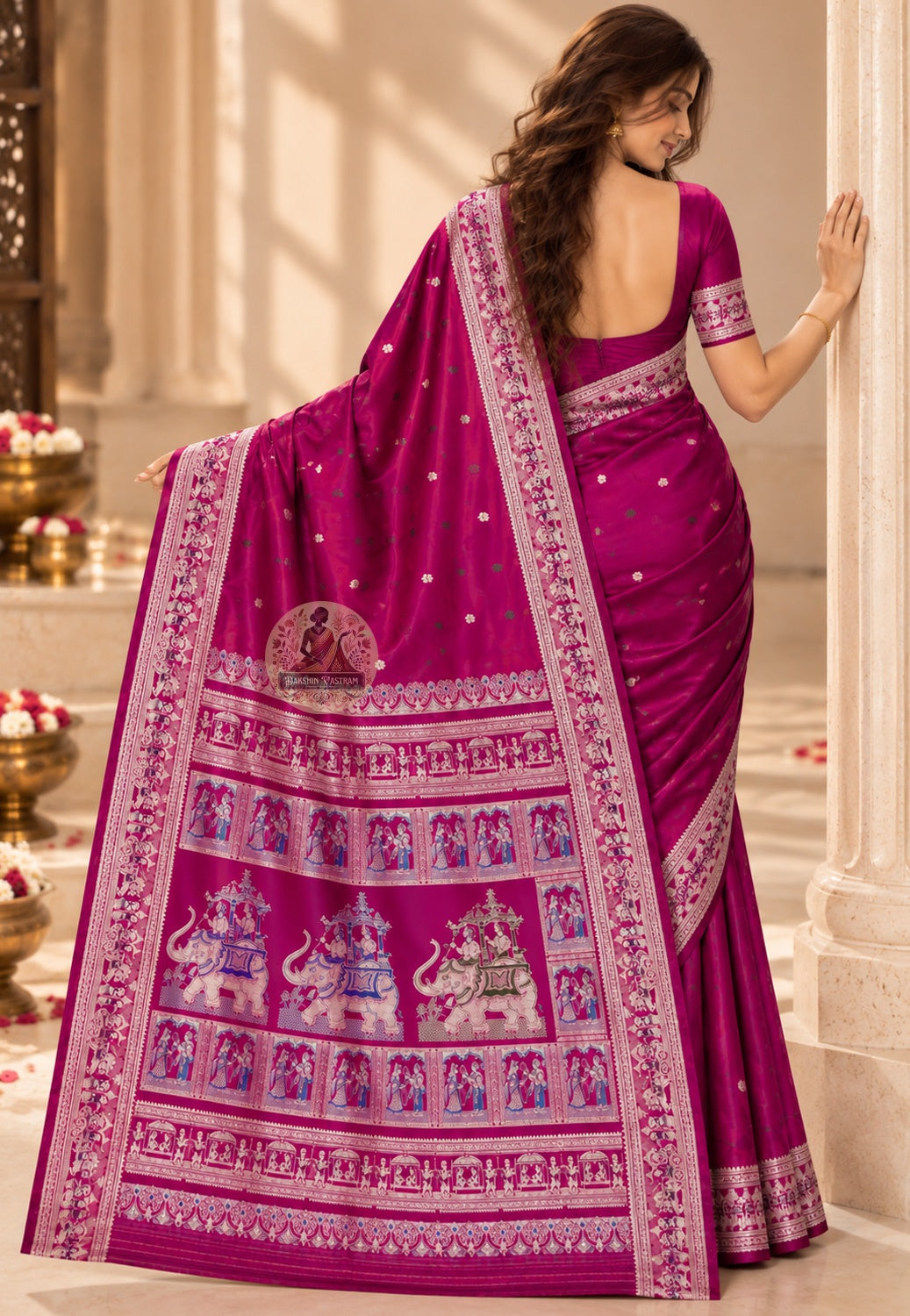 Front view of Baluchari silk saree showing pure silk body with individually woven Ramayana mythology and Malla court compositions in silk-on-silk Bishnupur handloom generational weave tradition