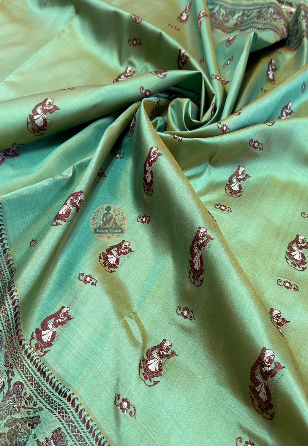 Detailed close-up of hand-woven border on Baluchari Silk Saree showcasing intricate Bishnupur weave craftsmanship and fine pure silk thread detailing