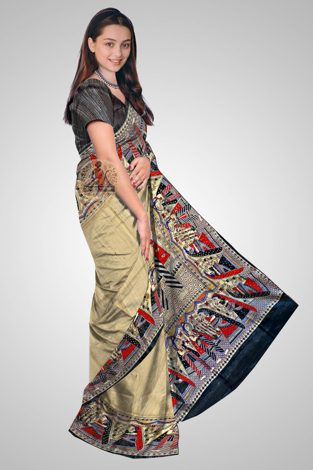 Shop Raw Silk Tussar Saree – Side profile of traditional weave