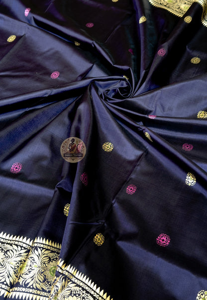Close-up of master-woven Arjuna chariot scene in pallu of Baluchari Silk Saree, supplementary weft technique Bengal