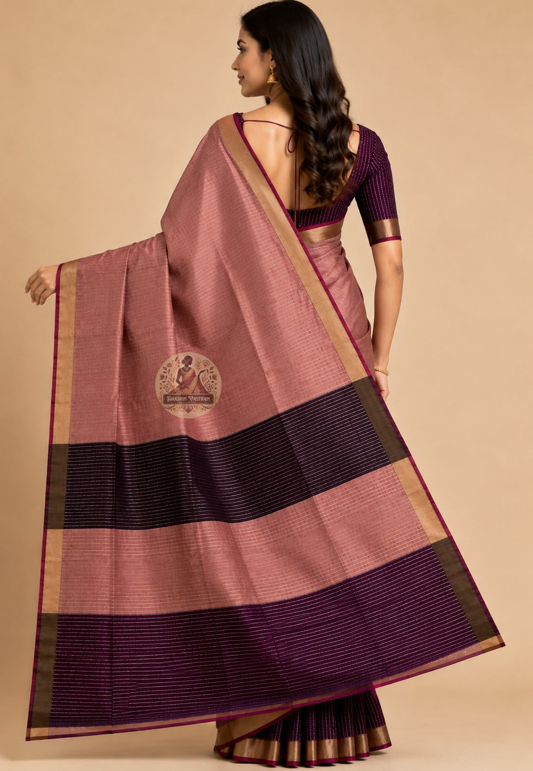 Side view of Bishnupur Pure Katan Silk Saree showing structured drape and woven border detail