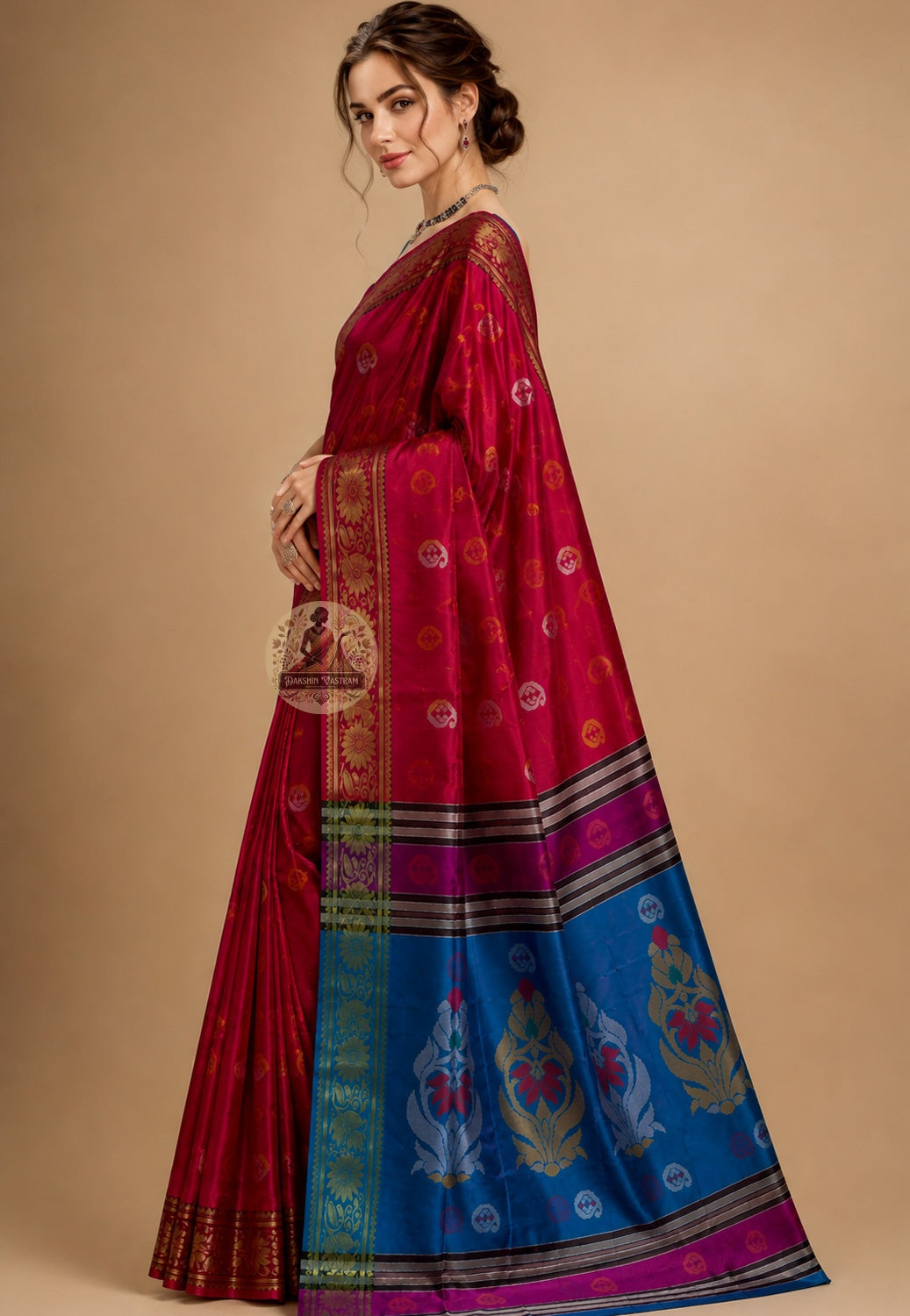 Side view of Bishnupur Silk Kolakhetra Saree displaying the structured weighted fall of pure Katan silk and the geometric Kolakhetra grid pattern, handwoven for weddings and cultural celebrations across UK, USA, EU and India