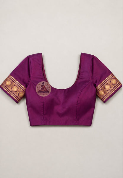 Matching unstitched blouse piece of premium Swarnachari silk saree in pure handloom silk with illuminating golden zari border trim, included with saree for tailoring