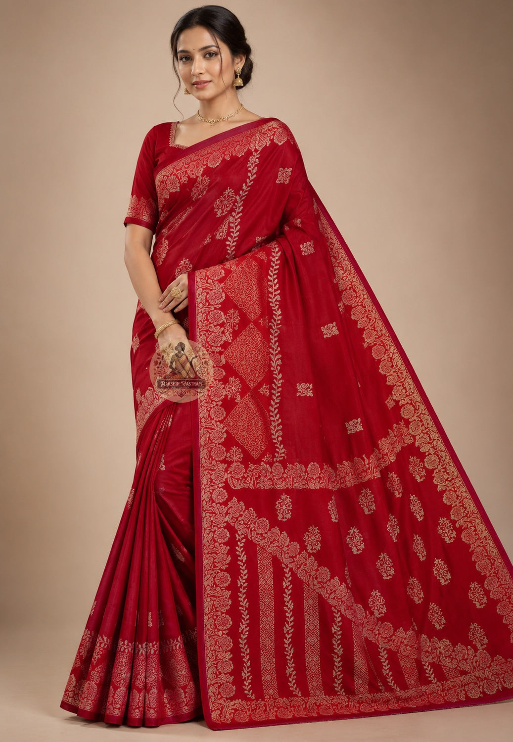 Side view of Bishnupur pure Katan silk saree showing fluid assured drape and colour warmth, Bengal weaver's craft