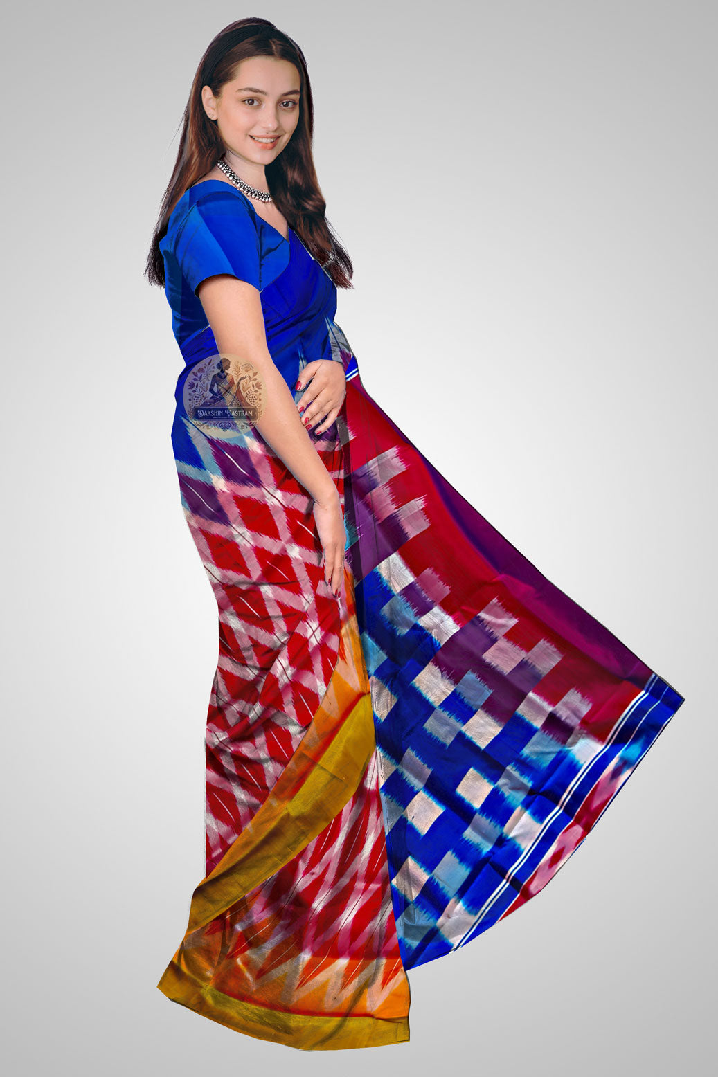 Shop Pure Katan Silk Saree UK – Side profile revealing elegant silk drape