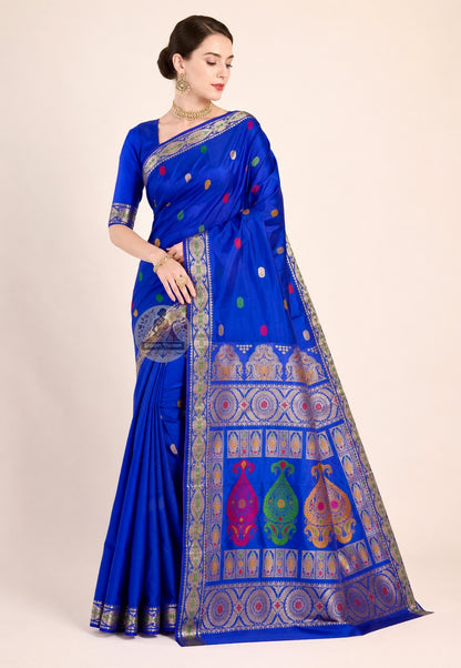 Front view of premium Swarnachari handloom silk saree with golden zari portrait border and precisely rendered Bengal mythological and temple-art motifs, West Bengal pit-loom