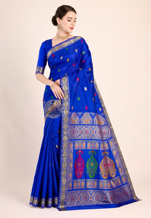Front view of premium Swarnachari handloom silk saree with golden zari portrait border and precisely rendered Bengal mythological and temple-art motifs, West Bengal pit-loom