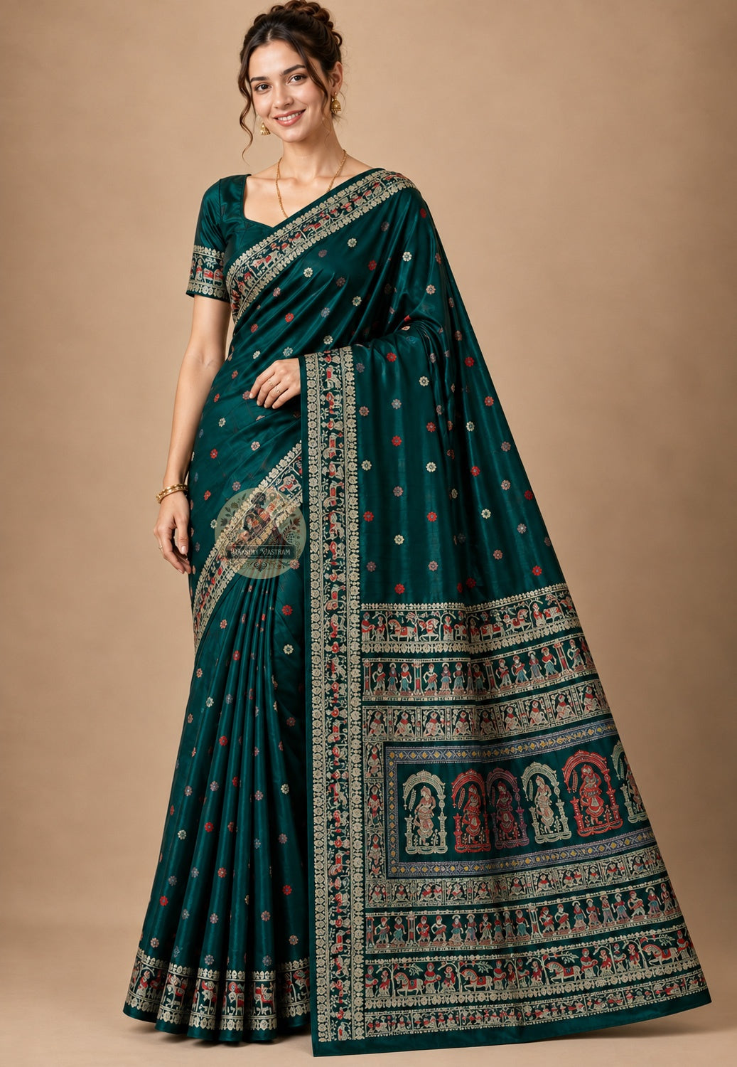 Front view of Baluchari pure silk handloom saree with mythological woven motifs, traditional Bengal weave, festive ethnic wear