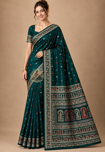 Front view of Baluchari pure silk handloom saree with mythological woven motifs, traditional Bengal weave, festive ethnic wear