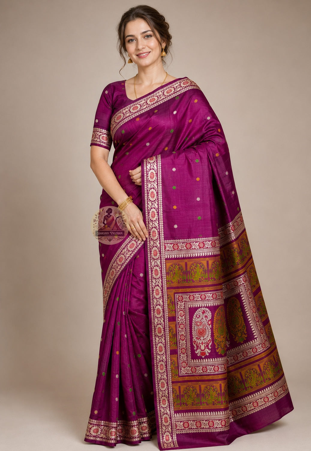 Front view of premium handwoven Baluchari Silk Saree from Bishnupur Bengal, part of Durga Puja Collection 2026, showcasing hand-woven mythological motifs on the pallu and the luminous authoritative drape of pure Bengal silk worn like a prayer