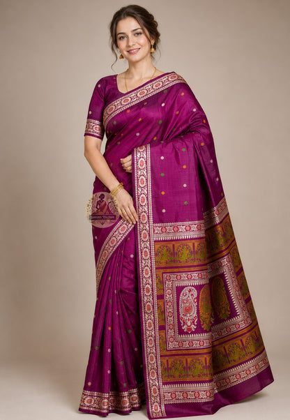 Front view of premium handwoven Baluchari Silk Saree from Bishnupur Bengal, part of Durga Puja Collection 2026, showcasing hand-woven mythological motifs on the pallu and the luminous authoritative drape of pure Bengal silk worn like a prayer