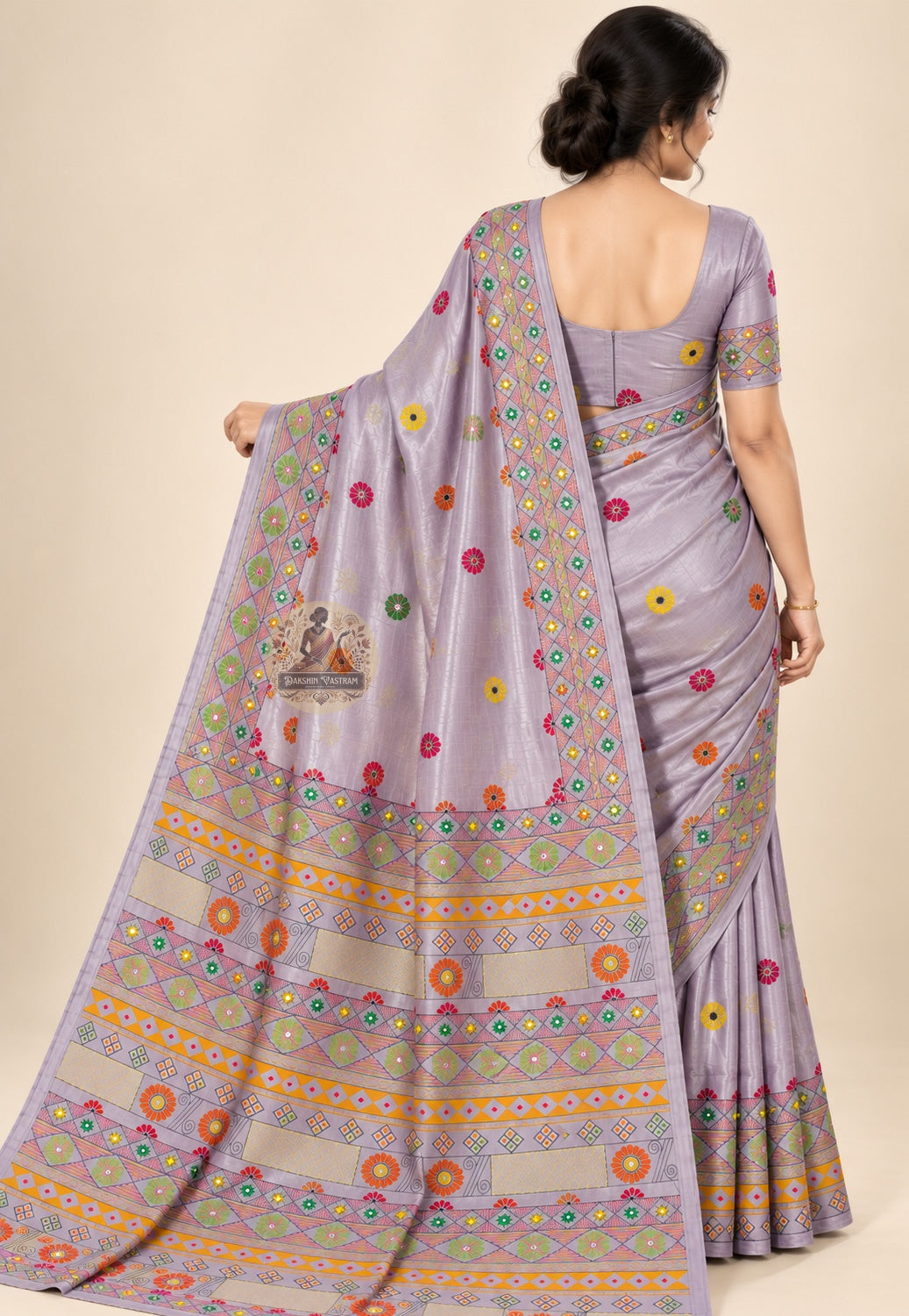 Side view of deep saffron Bishnupur Kantha Silk Saree showing haldi ceremony drape and Radha Krishna kadamba kantha stitch border Bengal