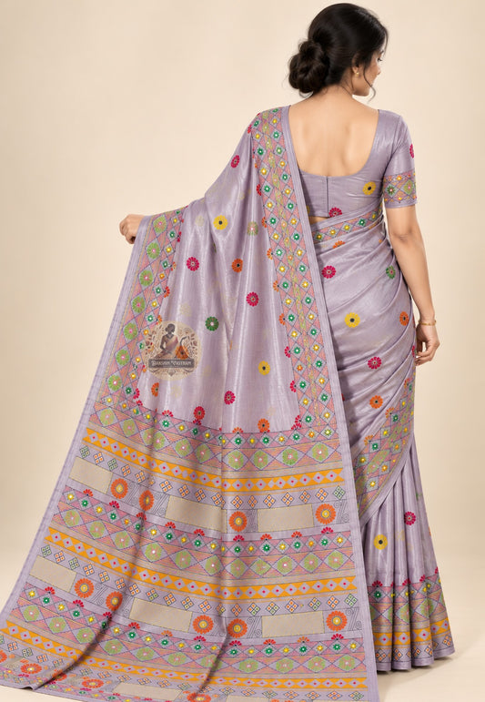Side view of deep saffron Bishnupur Kantha Silk Saree showing haldi ceremony drape and Radha Krishna kadamba kantha stitch border Bengal