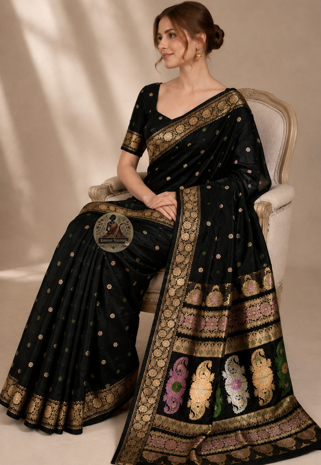 Side view of premium Swarnachari handloom silk saree showing wide golden zari border poised at the threshold and warm pure silk drape ready for the crossing, West Bengal weave