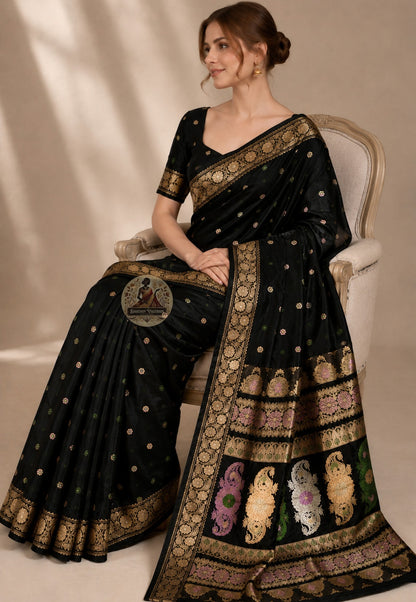 Side view of premium Swarnachari handloom silk saree showing wide golden zari border poised at the threshold and warm pure silk drape ready for the crossing, West Bengal weave