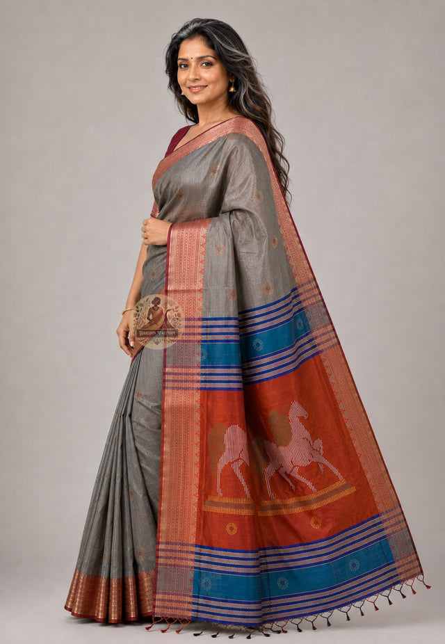 Front view of Bishnupur Katan Silk Saree with handwoven Shankha Chakra medallion and Bengal scroll border West Bengal