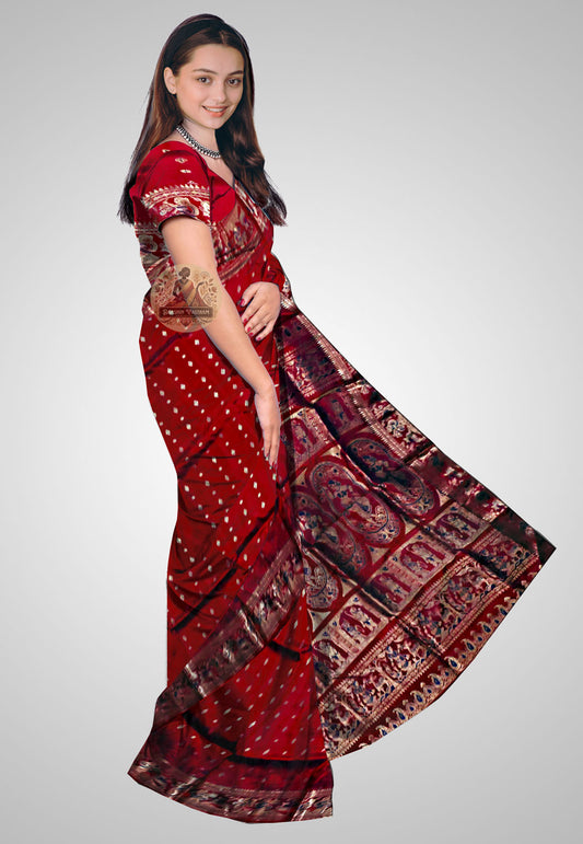 Saree side view highlighting the elegant drape and fine craftsmanship