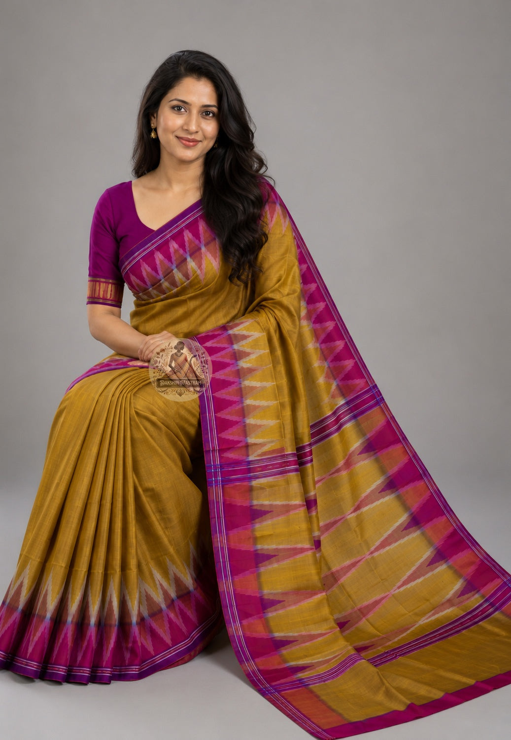 Side view of handwoven Bishnupur Silk Kotki Saree showing the graceful drape and natural weight of pure Katan silk with the distinctive Kotki weave visible across the body
