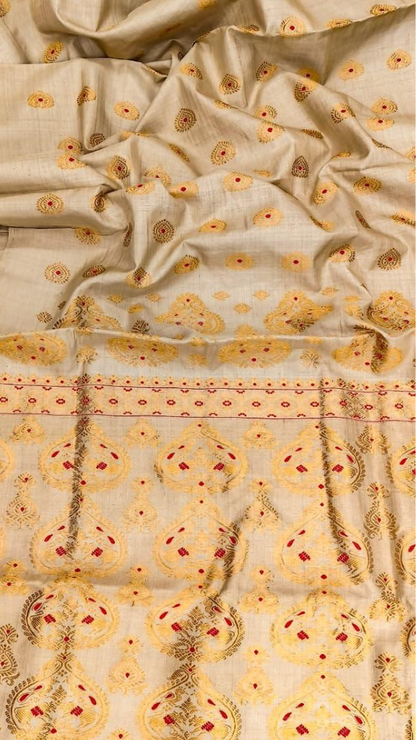 Full-length drape of Pure Muga Silk Saree in warm gold tone – premium handloom saree shipped to UK