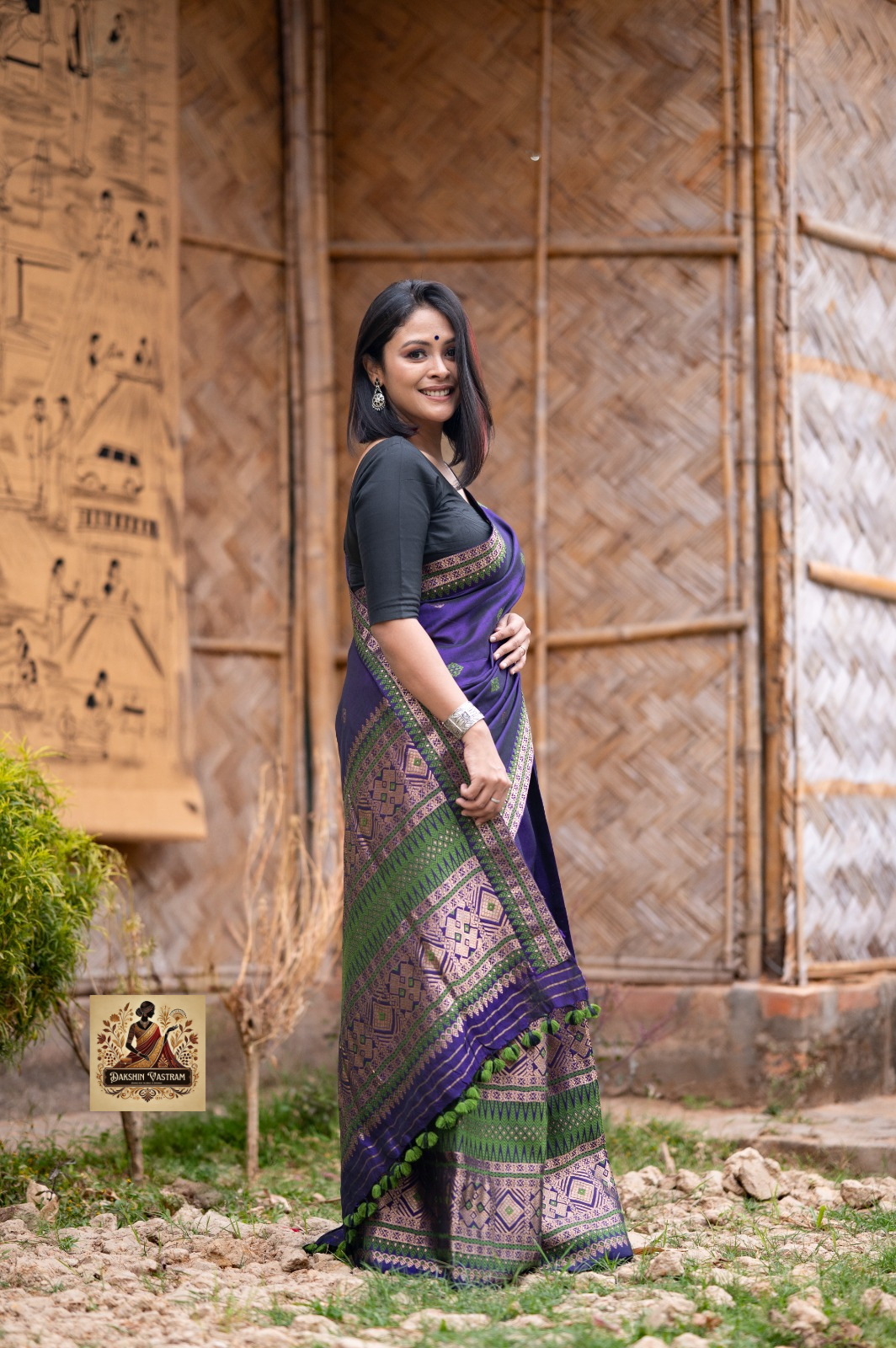 Assamese woman in traditional Mekhela Chador at Bihu celebration – handwoven silk delivered across UK
