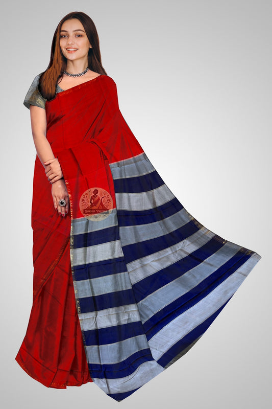 Bishnupuri Pure Katan Silk Saree in deep red with traditional motifs – handwoven in Bishnupur, India