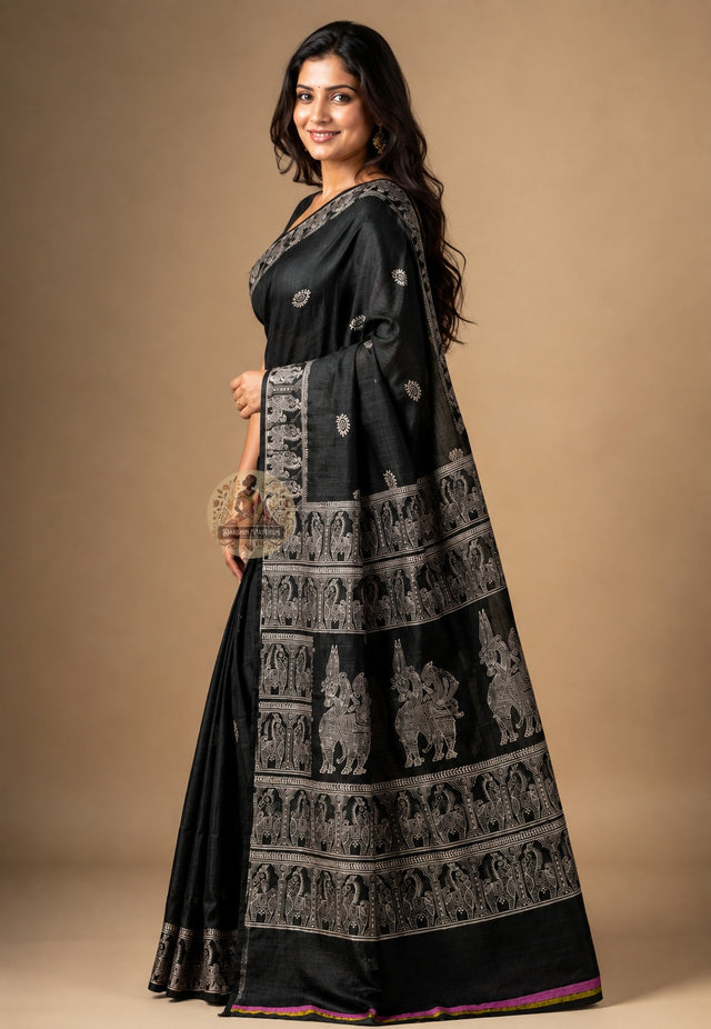Front view of Bishnupur Katan Silk Saree with handwoven trellis grid and water lily buti motifs West Bengal