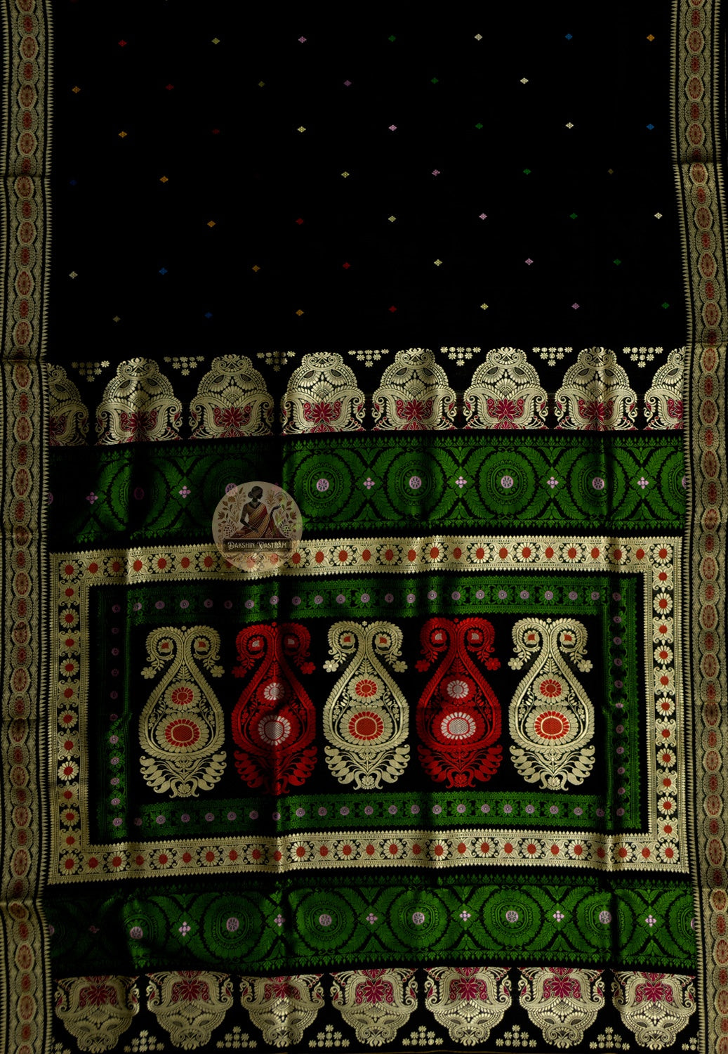 Full draped view of Baluchari pure silk saree with traditional handwoven motifs styled for Bengali wedding
