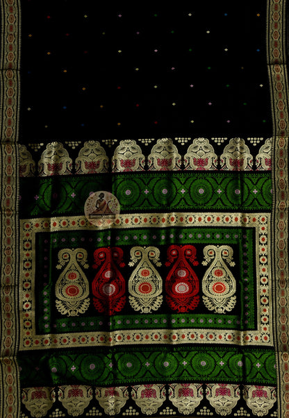 Full draped view of Baluchari pure silk saree with traditional handwoven motifs styled for Bengali wedding