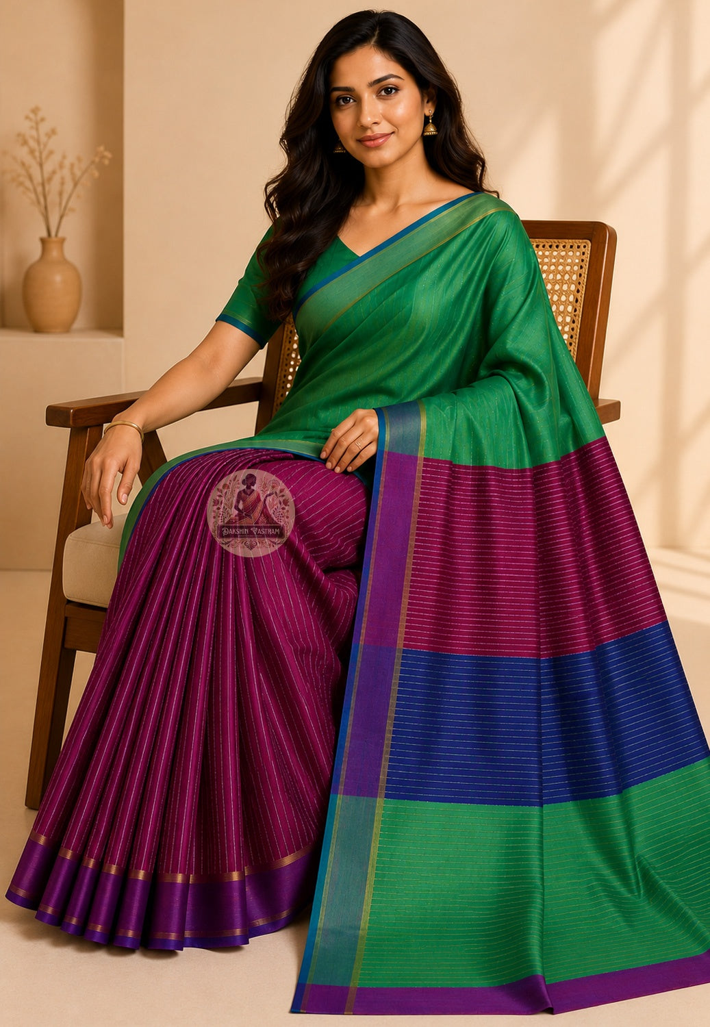 Front view of handwoven Bishnupur cotton saree showing pallu drape and terracotta-inspired motifs, West Bengal handloom