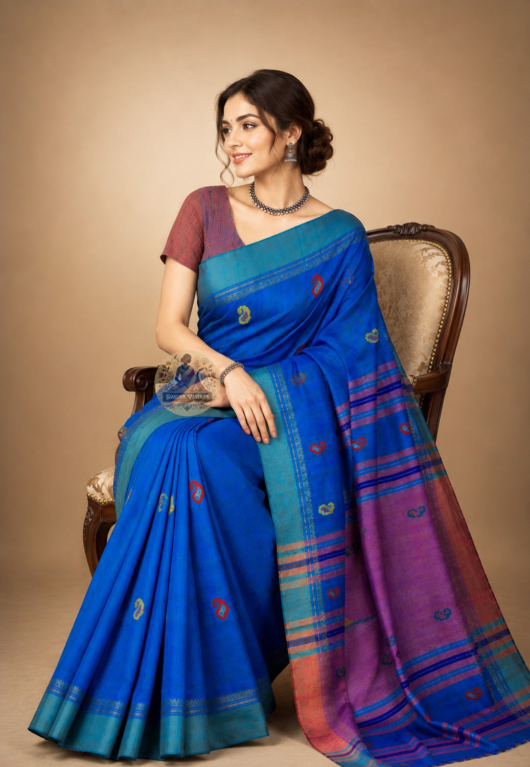 Front view of woman in handloom Bishnupur Katan silk saree, traditional Bengali drape showing classical Katan silk character from a town where the arts never stopped
