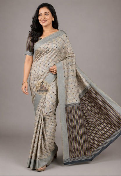 Side view of handwoven Bishnupur silk saree with Kantha embroidery showing pallu fall and stitch detail