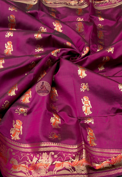 Rear view of Swarnachari silk saree displaying golden zari pallu with hand-woven Mahabharata and temple-art composition panels, Bengal handloom