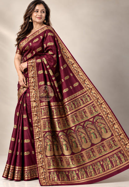 Front view of Swarnachari pure silk saree with golden zari mythology and Bishnupur temple art motifs handloom woven in West Bengal the identity saree for weddings and Durga Puja