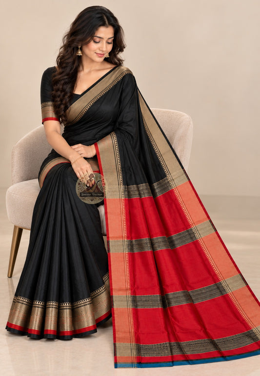 Front view of Bishnupur pure Katan silk saree showing smooth structured silk fabric and traditional Bengal buti motifs across the body