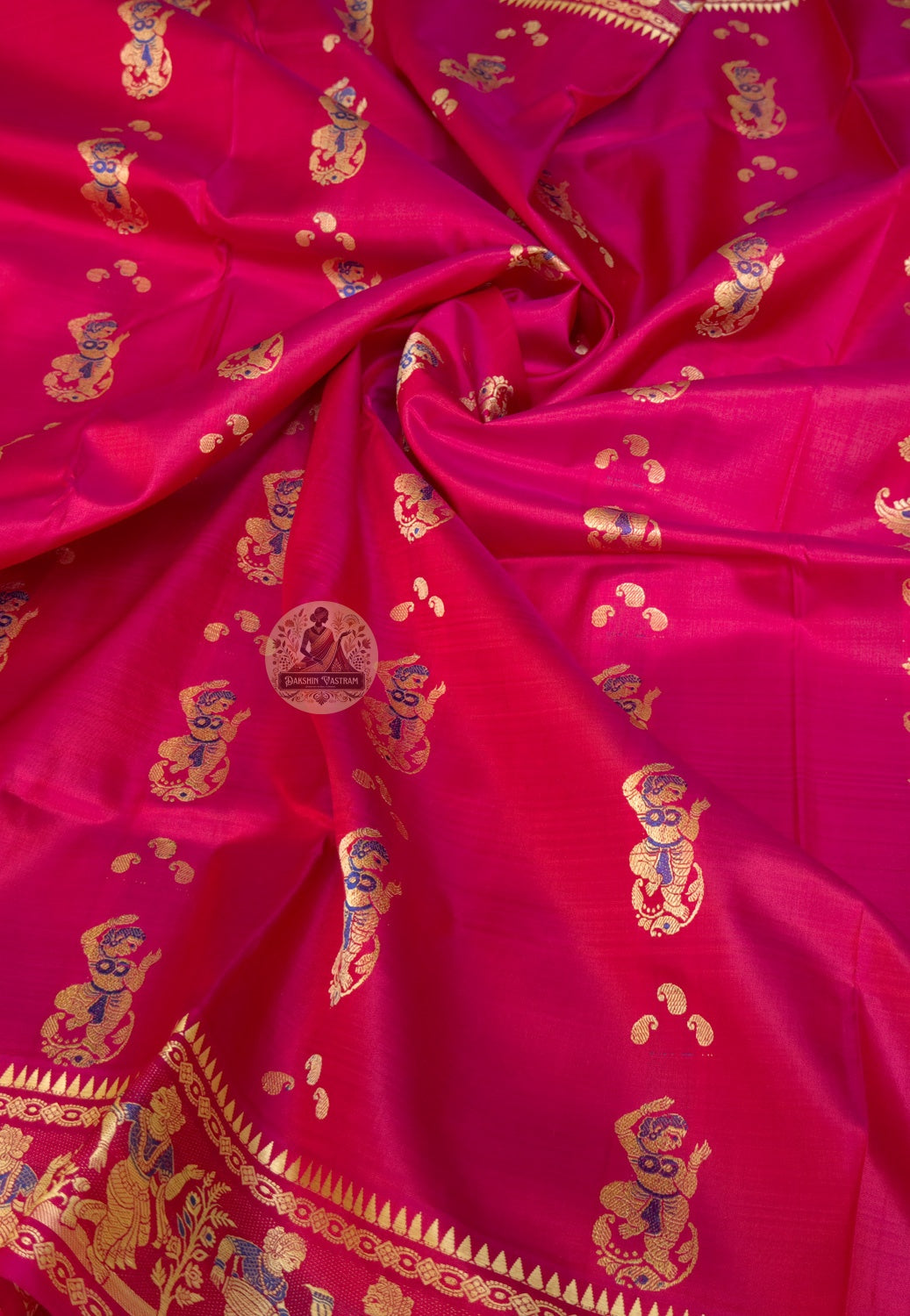 Rear view of Baluchari Silk Saree displaying pallu with Radha-Krishna Bhagavata Purana scenes hand-woven in silk