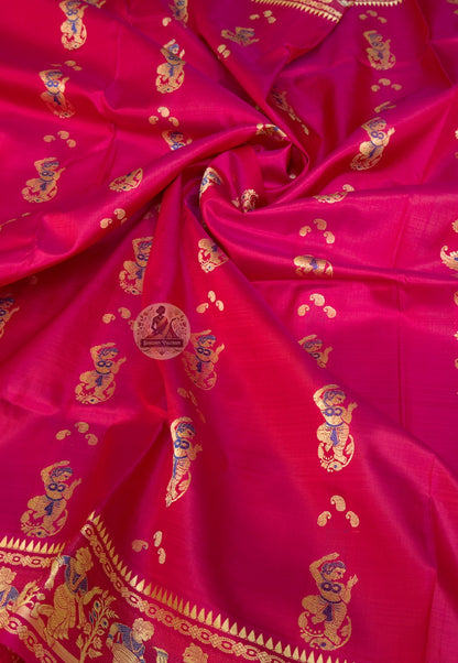 Rear view of Baluchari Silk Saree displaying pallu with Radha-Krishna Bhagavata Purana scenes hand-woven in silk
