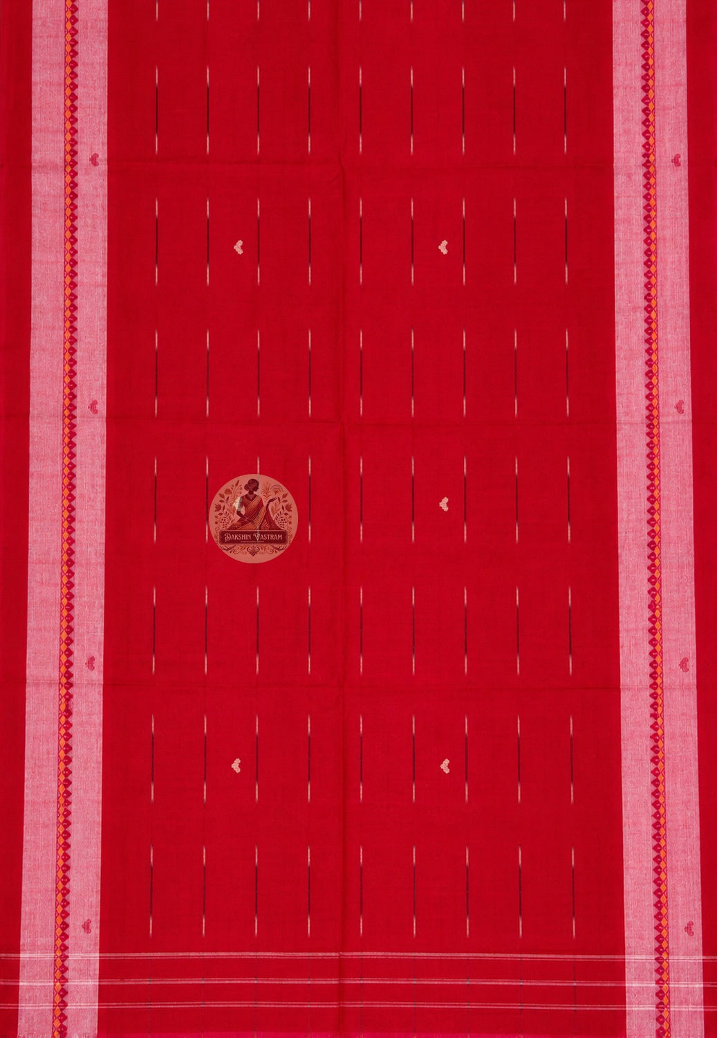 Close-up of handwoven border detail on pure cotton Bengali saree showing weave texture
