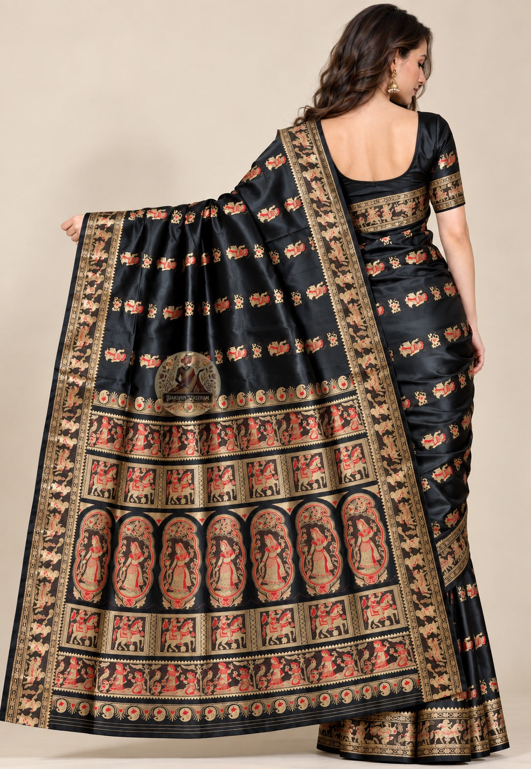Front view of purple Swarnachari silk saree showing deep purple pure silk body with golden zari mythology and Bishnupur terracotta temple motifs woven in Bengali handloom tradition