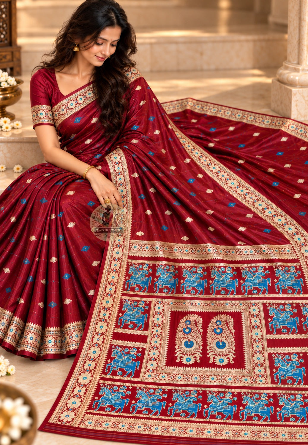 Rear view of maroon Baluchari silk saree with the horse-and-rider pallu draped over the shoulder